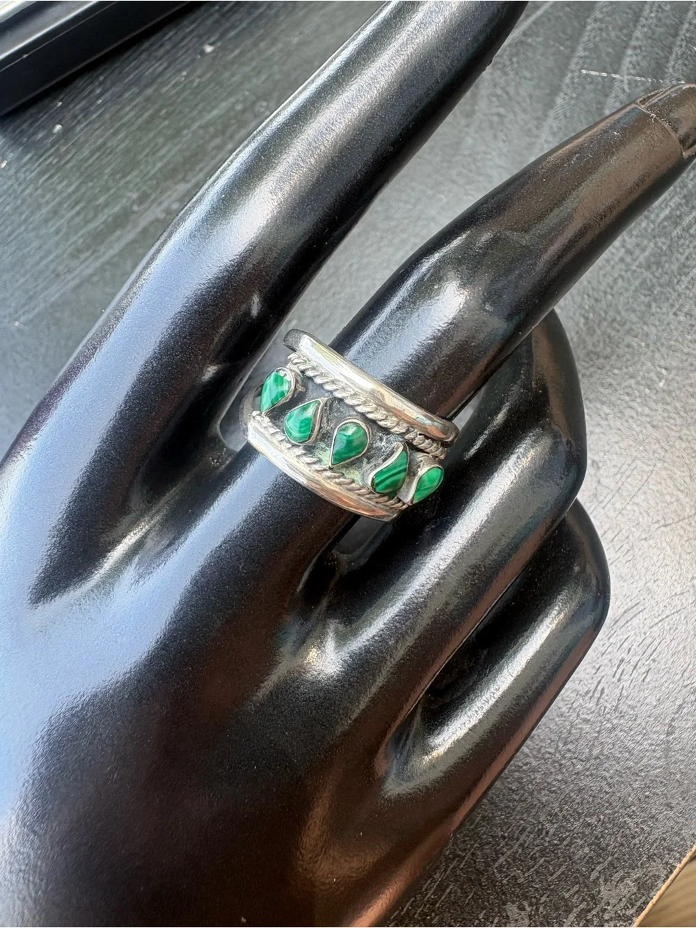 Vintage Navajo Sterling Silver Green Malachite 5 Stone Inlay Ring - Size 8.5